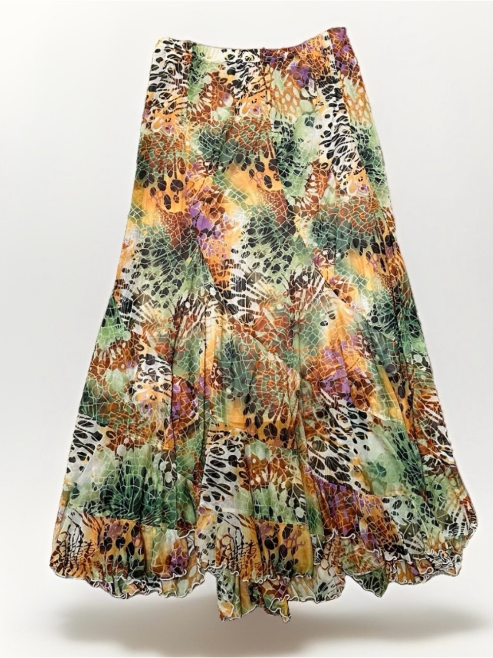 Y2K Mesh Stretch Fairy Grunge Maxi Skirt Lettuce Ruffle Hem Botanical Print Sz L